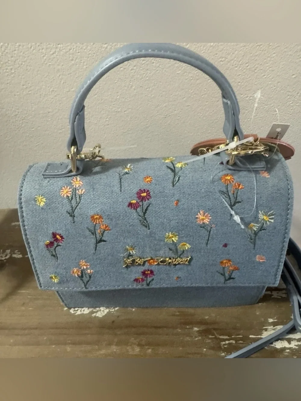 NWT Betsey Johnson Denim Floral Embroidered Handbag Satchel Crossbody Bag Charm - Picture 2 of 6
